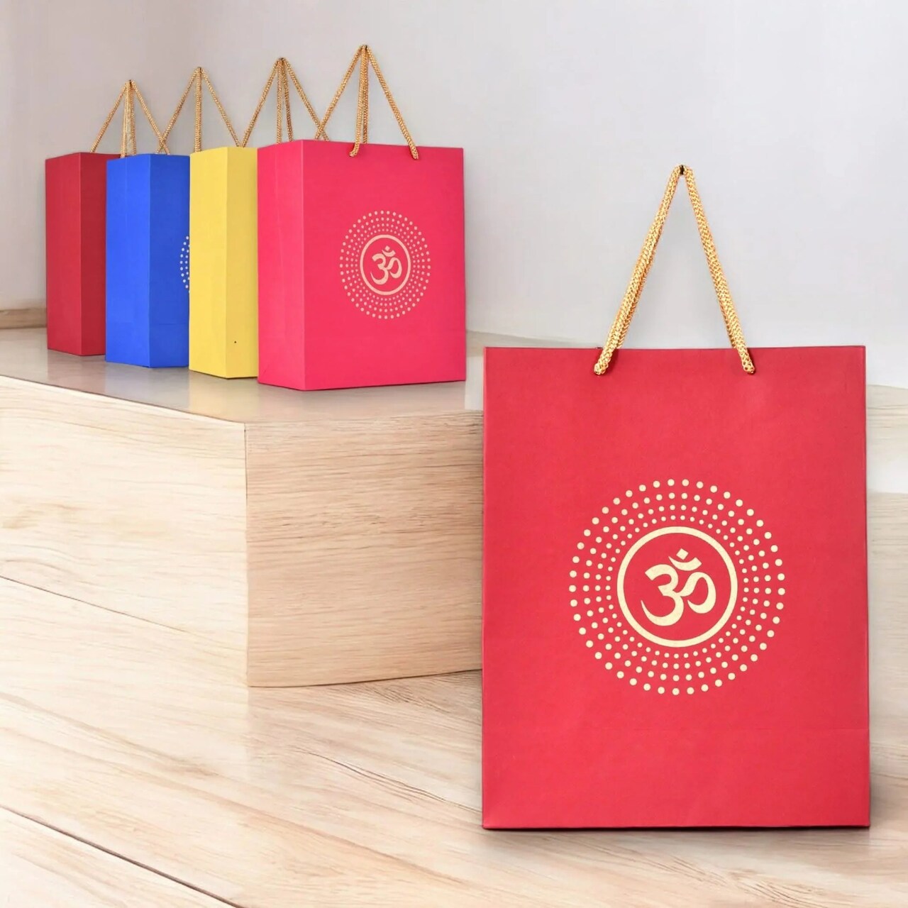 Om Paper Carry Bags Eco-friendly Indian Gift Bag for Wedding Housewarming Navratri Puja Diwali Return Gifts - 8x4x10 Inch